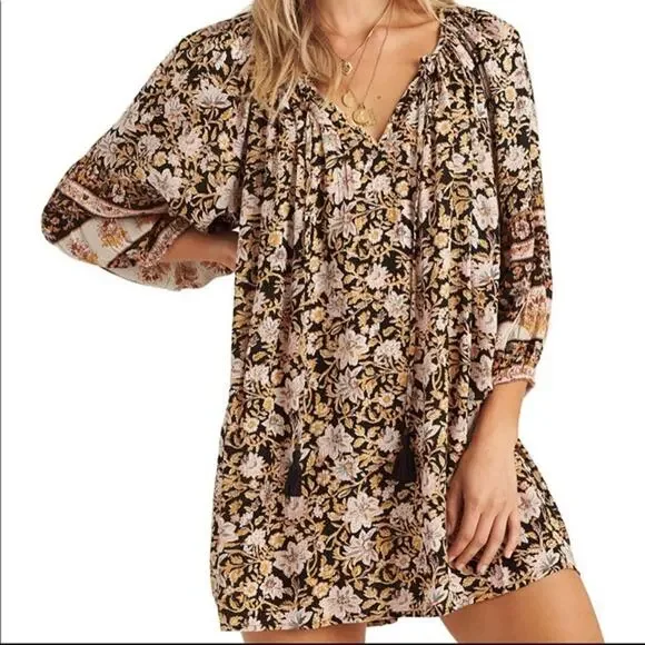 Billabong Gypset Boho Fall Brown, Pink Orange Black Floral Dress/Coverup, Size M - Picture 2 of 14